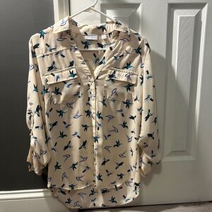 New York & Company Cream Blouse with Bird Pattern